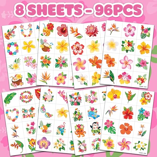 96 PCS Tropical Flower Temporary Tattoos for Kids