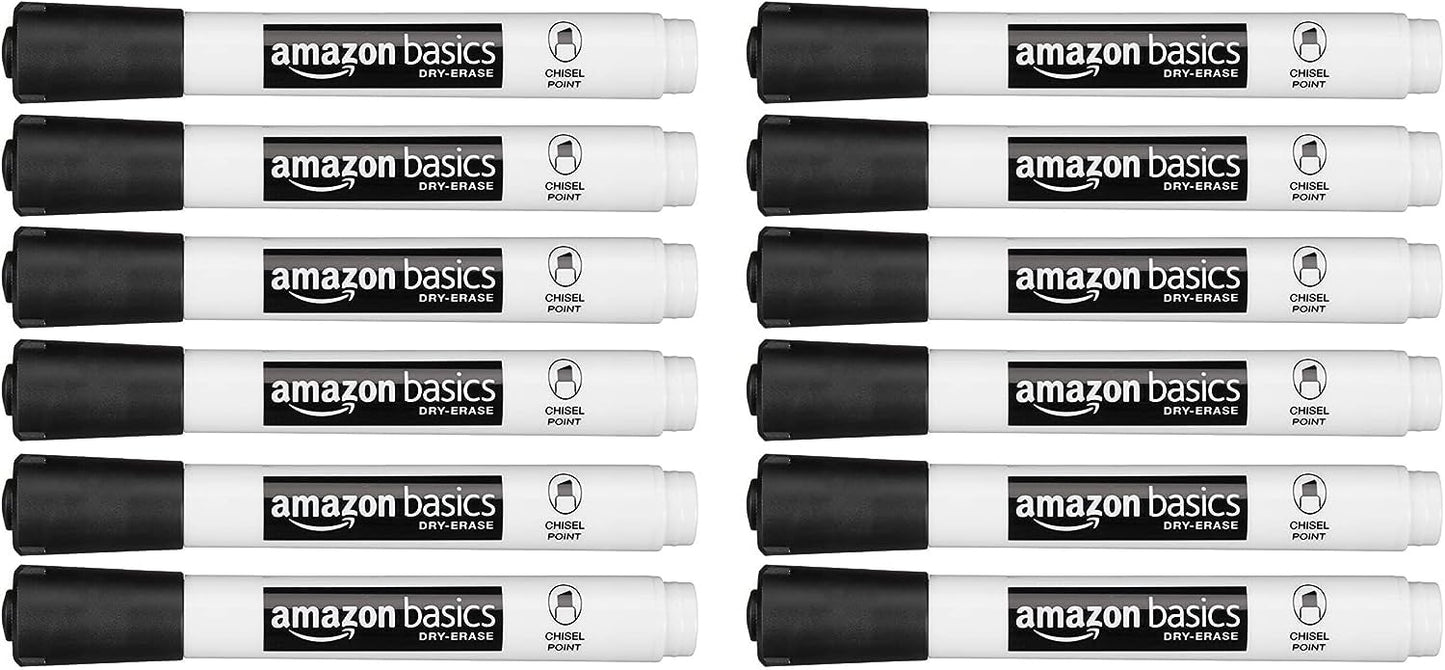 Amazon Basics 12-Pack Low-Odor Chisel Tip Dry Erase Whiteboard Markers, Black