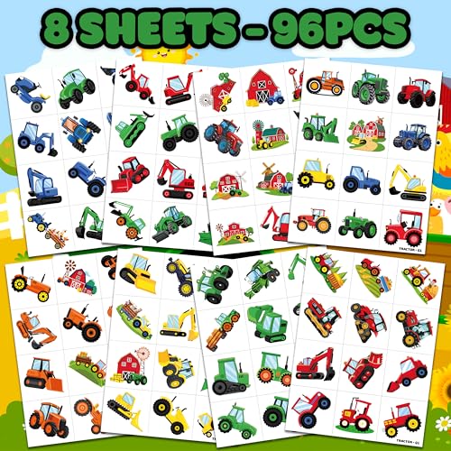 96 Tractor Farm Temporary Tattoos for Kids - 8 Sheets