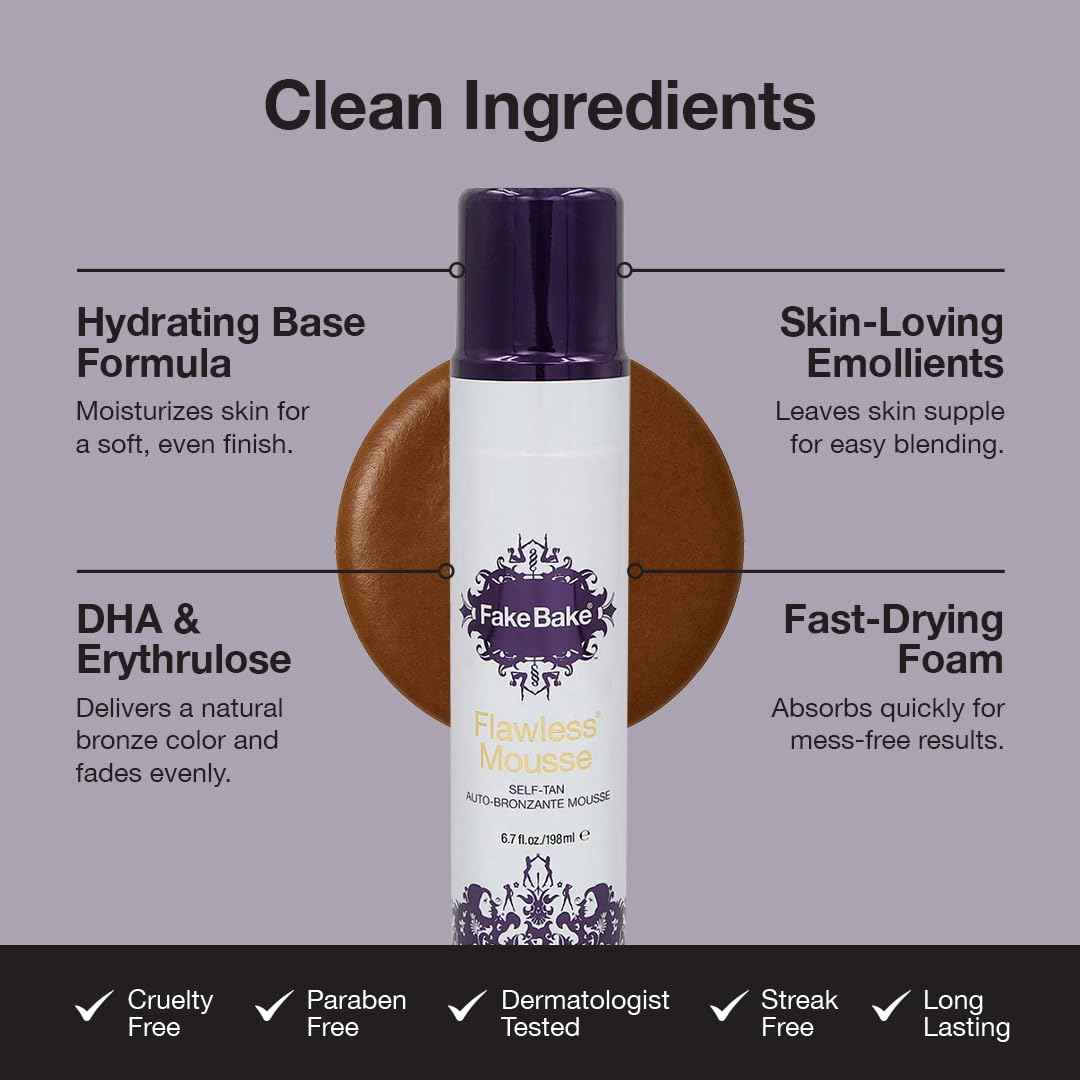 Fake Bake Flawless Self Tanning Mousse Streak-Free, Long-Lasting Natural Glow For All Skin Tones Women & Men - Sunless Tanner Includes Mitt For Easy Application, Black Coconut Scent - 6.7 oz