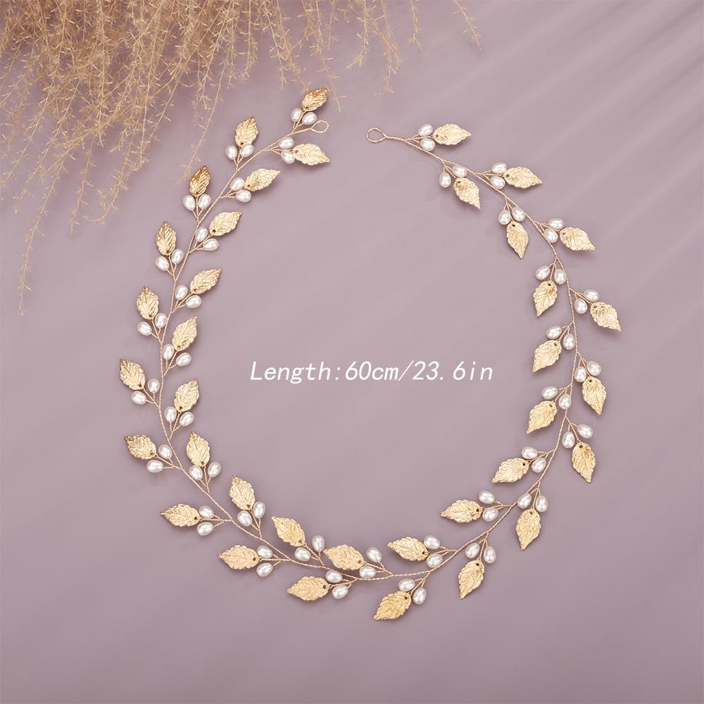 YERTTER Wedding Long Pearl Hair Vine Bridal Vintage Leaf Crystal Headband Wedding Hair Accessories Handmade Headpieces for Brides Women and Girls (Gold)