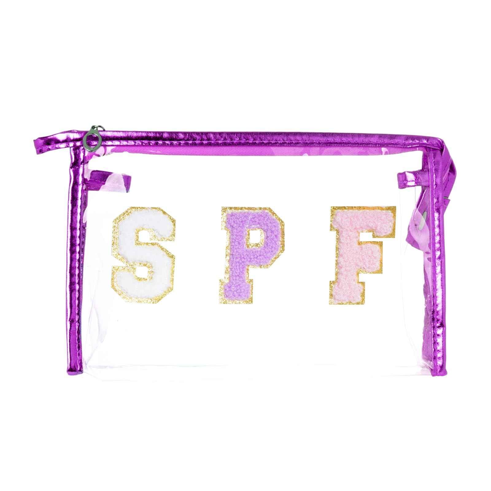 Hmxpls Clear Preppy Patch Makeup Bag, SPF Chenille Letter Bag for Beach, Clear Pouch with Zipper, Preppy Travel Bags Cosmetic Toiletry Bag for Women Girls Teens (Purple)