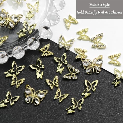 RODAKY 30PCS Butterfly Nail Charms Gold Butterflies Nail Art Jewelry 3D Butterfly Nail Gems Rhinestone for Nails Manicure DIY Accessories for Women and Girls