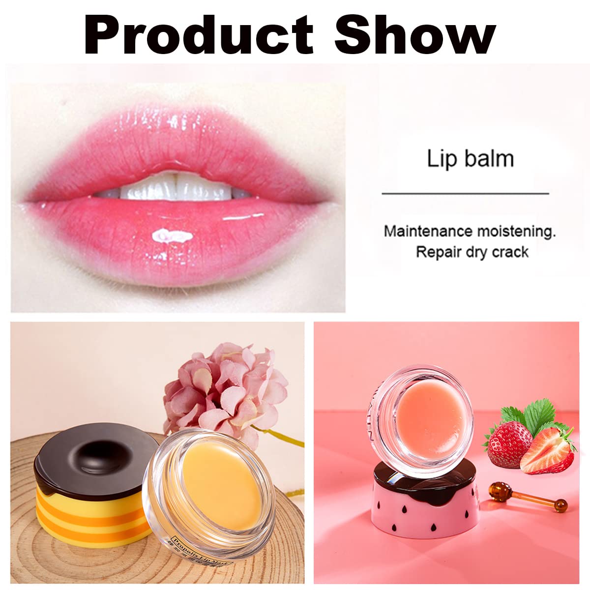 2PCS Strawberry Lip Balm, Vitamin E Lip Masks & Moisturizing Propolis Sleeping Lip Mask, Effective Reduces Lip Lines Prevention Dry and Cracked Lip Scrubs Exfoliator Smoothing Dry Lip Care