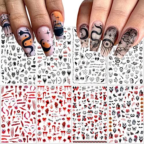 8 Sheets Halloween Nail Art Stickers Decal 3D Gothic Punk Horror for Halloween Black Snake Skull Spider Ghost Scary Wound Scar Bloody Nail Designs Holiday Nail Stickers for Halloween Nail Decorations