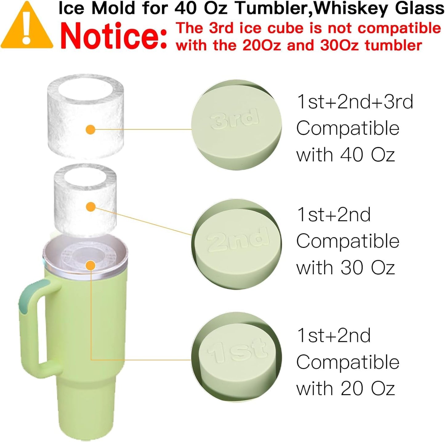 Ice Cube Tray for 30Oz-40Oz Tumbler, 3 Pcs Silicone Hollow Cylinder Ice Mold with Lid and Bin for Freezer, Ice Drink, Juice, Whiskey, Cocktail (White, 40 Oz)