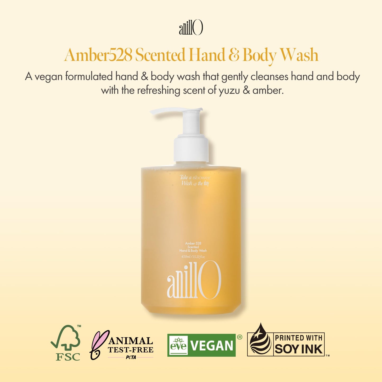 Amber528 Scented Hand & Body Wash, Vegan Body Cleanser with Hinoki Cypress Water, Yuzu Extract, Amino Acid for All Skin Types, pH Balancing, Amber Scent, Sulfate & Paraben Free (450ml / 15.22 fl. Oz)