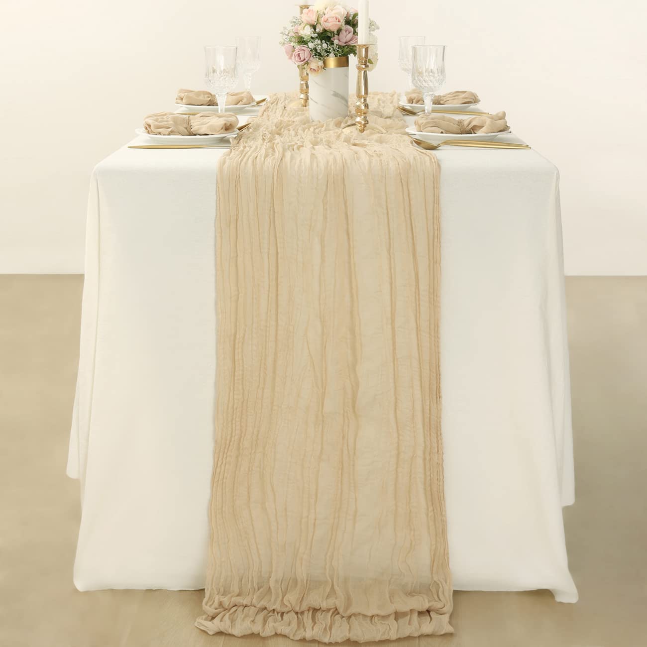 Socomi Cheesecloth Table Runner 10ft Gauze Boho Rustic Sand Cheese Cloth Table Runner for Wedding Bridal Shower Fall Thanskgiving Decoration