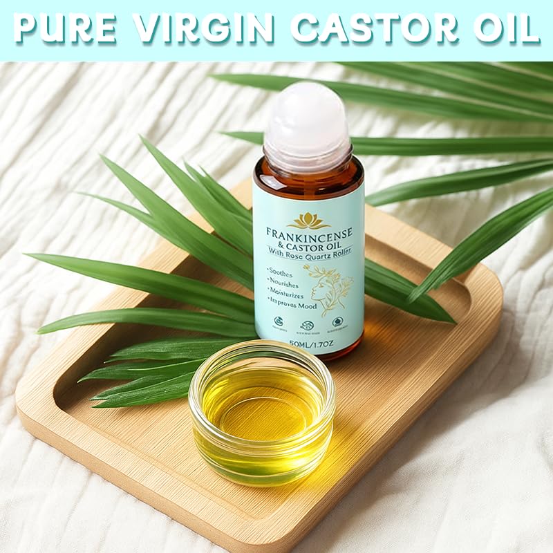 Organic Castor Oil Roll-On with Rose Quartz Roller Ball for Skin & Hair Care