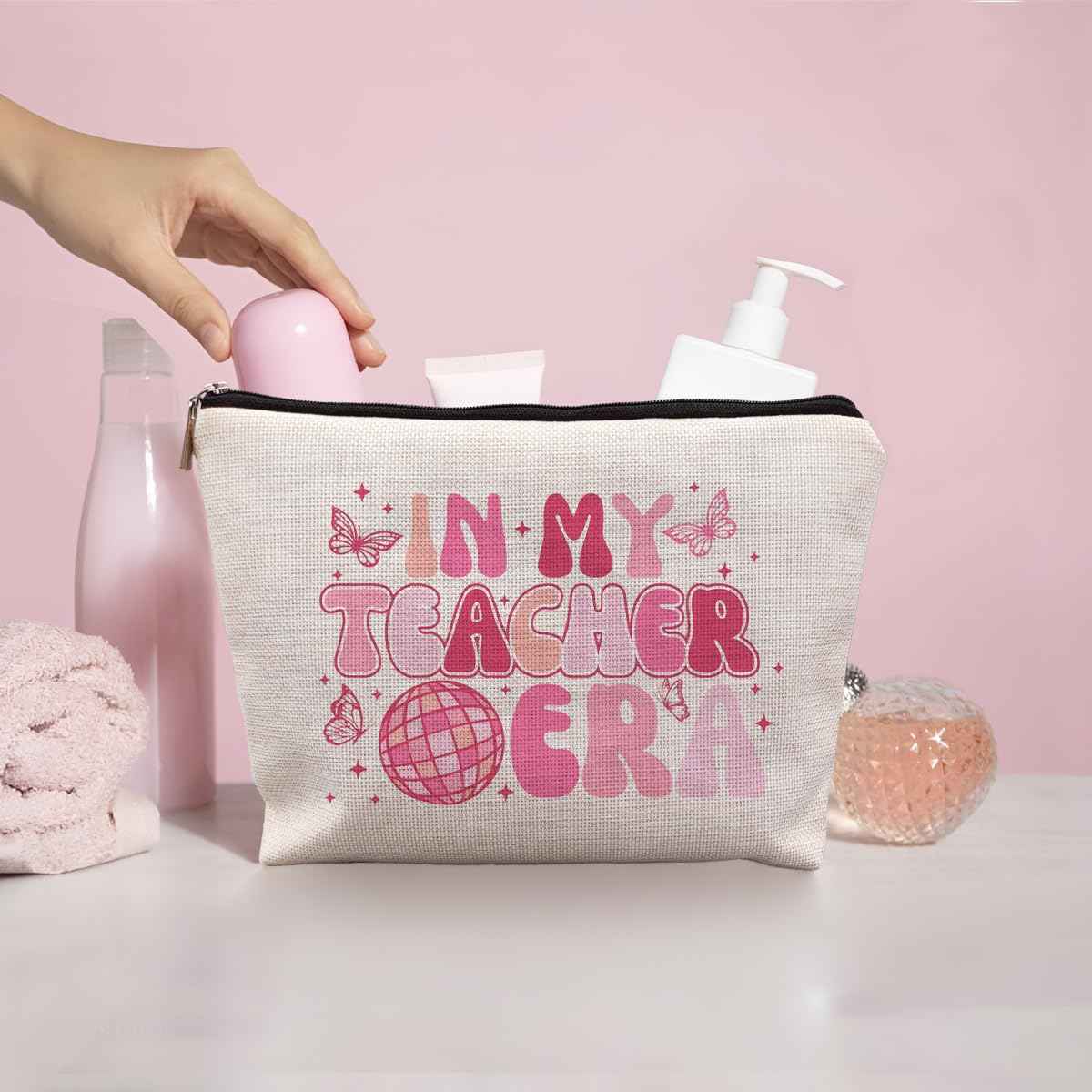 uinwk Groovy Pink Teacher Era Makeup Bag - Best Teacher Gifts for Women, Cosmetic Bag for Purse