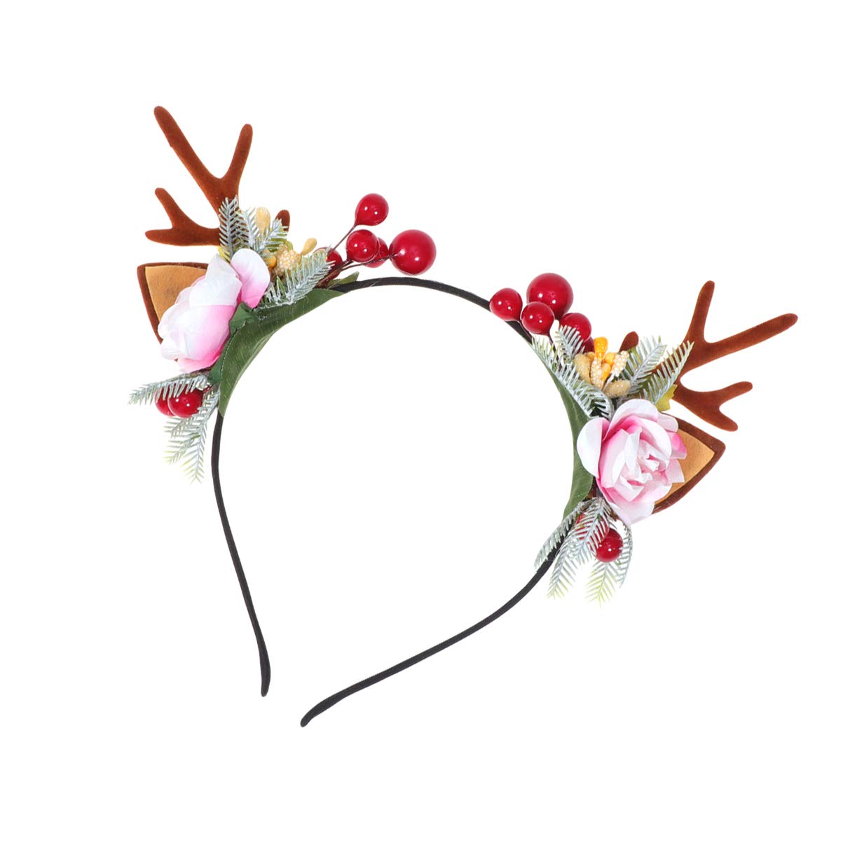 Lurrose Christmas Deer Antler Flower Berry Crown Floral Headbands Christmas Boho Headdress Party Headwear for Women Girls Kids Style 1