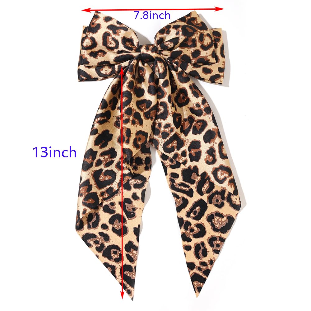 Hair Bows for Women Big Bow Hair Clips with Long Tail Hair Ribbon Satin Leopard Hair Bow Barrette for Women and Girls Ponytail Hair Accessories, Pack of 1 (Camel)