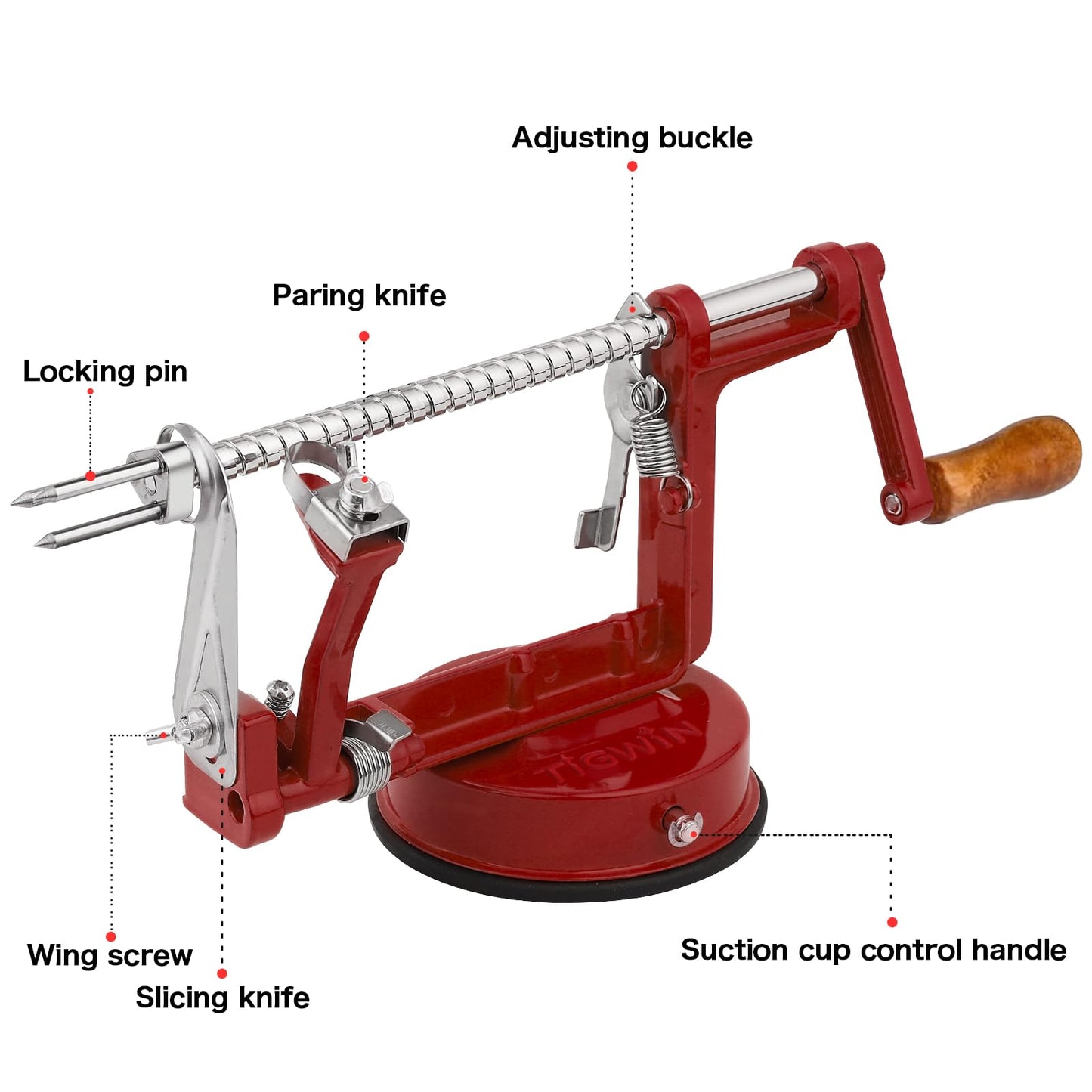 TIGWIN Apple Peeler Corer, Long lasting Chrome Cast Magnesium Alloy Apple Peeler Slicer Corer with Stainless Steel Blades and Powerful Suction Base for Apples and Potato(Deep Red)