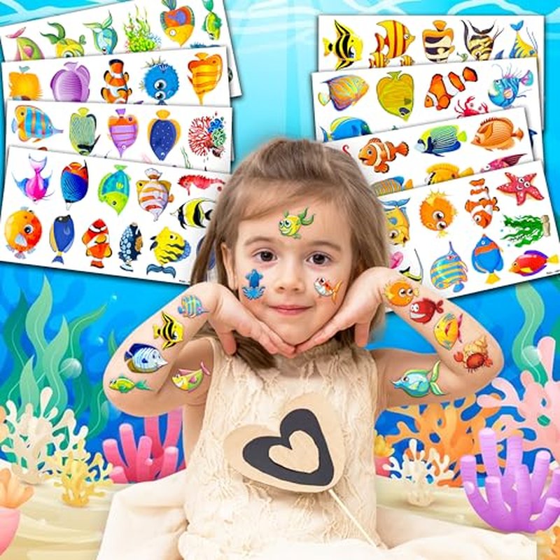 96PCS Tropical Fish Temporary Tattoos Ocean Themed Birthday Party Decorations Supplies Favors Decor Cute Colorful Under The Sea Animals Tattoo Stickers Gifts For Kids Boys Girls School Prizes Carnival