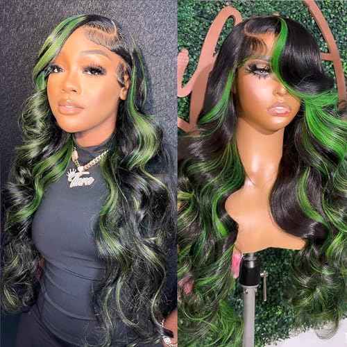 Missyvan Green Lace Front Wigs for Women Body Wave Lace Front Wigs Highlights Black with Green Streak Colorfull Long Wavy Skunk Stripe Glueless Wigs 26Inch Soft Hair Heat Resistant