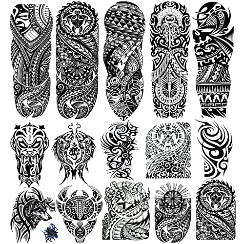 15 Sheets Tempoary Tattoo Sleeves for Men Women - 5 Full Arm Tattoo Sleeves & 10 Half Arm Tattoo Stickers- Realistic Temporary Tattoos for Halloween, Cosplay, and Parties