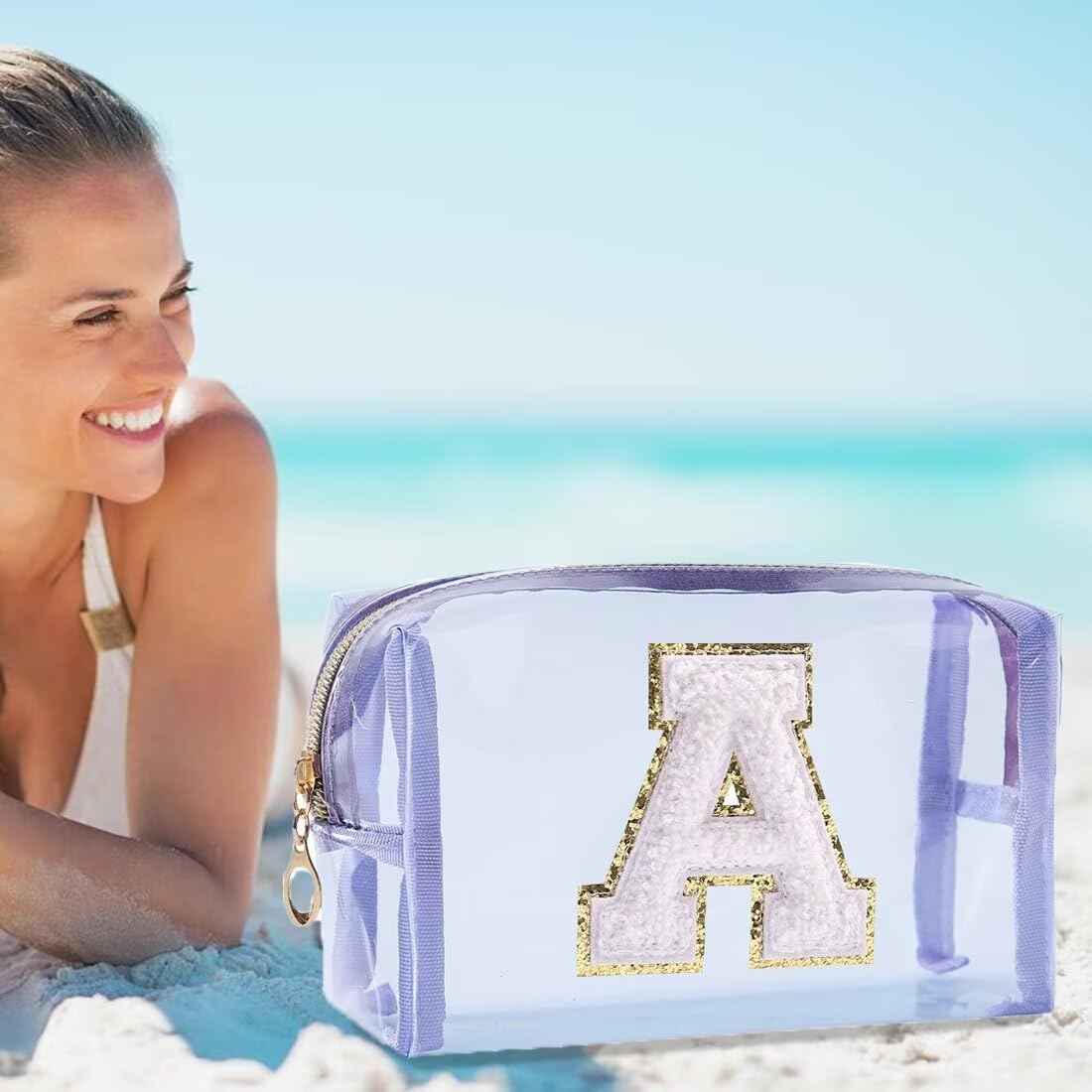 Makeup Bag for Women, Travel Initial Makeup Bag for Girls, Small Beach Makeup Bag, Teen Girl Gifts, Waterproof Cosmetic Bag, Birthday Gifts for Women, Personalized Makeup Bag Organizer-Purple A