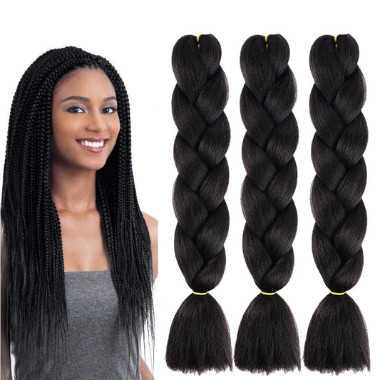 Xiaofeng Colorful Ombre Braiding Hair Extensions 24 Inch 3 Packs High Temperature Jumbo Crochet Braiding Hair for Box Twist Braids (24 Inch (Pack of 3), Black)