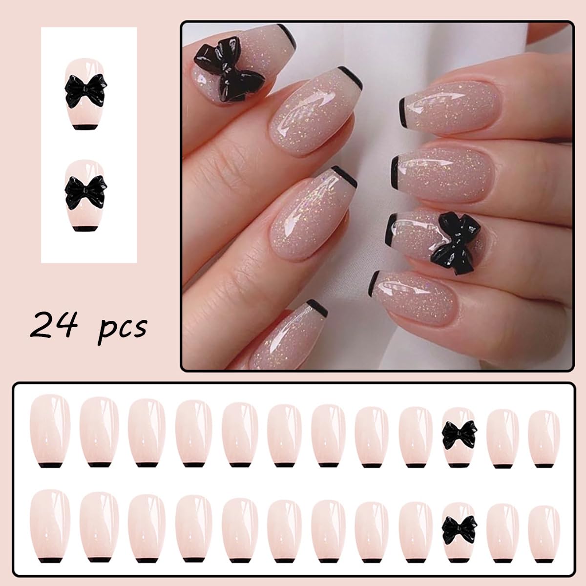 24pcs Black French Tip Press on Nails Medium Length Square Fake Nails with Design Glitter Stick on Nails Black Bow False Nails Supplies Full Cover Glossy Artificial Nails for Women Nails Art Design