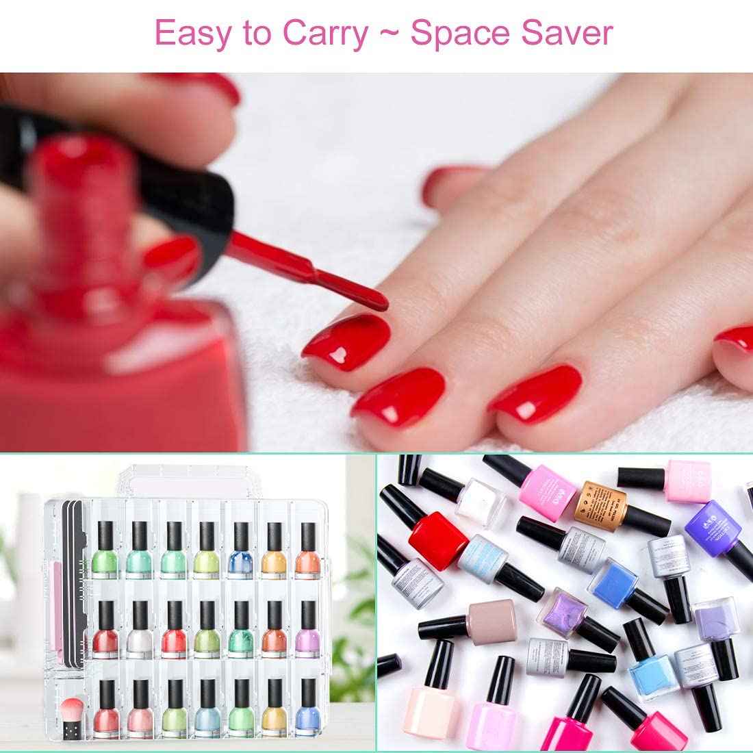 JIASHENG Two Nail Polish Organizer Case Holders, 48 Bottles Universal Nail Storage Box for Double Side Adjustable Space Divider for Acrylic Nail Gel Dip Powder Tips Set with Two Toe Separator