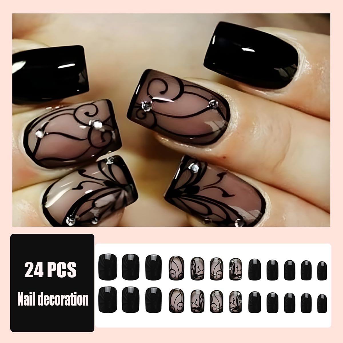 24 Pcs Black Press on Nails Short Square Curve Line Vine Stick on Nails Glossy Fake Nails with Rhinestones Reusable Full Cover False Nails for Women Nail Decoration