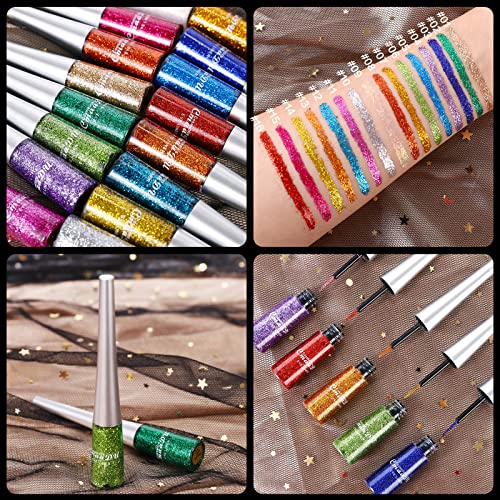 16 Colors Glitter Metallic Liquid Eyeliner Set Waterproof Long Lasting Eye Liner pencil Pigmented Shimmer Eye Makeup Gift Kit for Women Green Purple Blue Pink white Silver Gold Colored Eyeliners