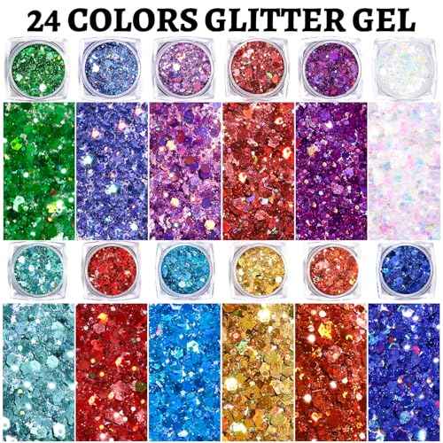 Teenitor 24 Colors Body & Hair Glitter Gel - Face, Body, Hair Glitter for Halloween Makeup Festival