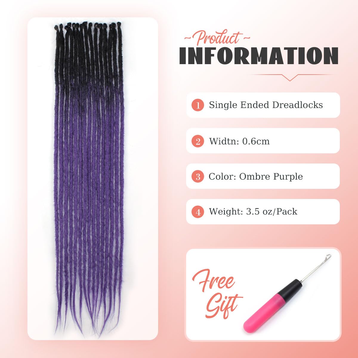 Sangtok 24 inch Dreadlock Extensions Ombre Purple Single Ended Thin 0.6cm Dreads Extensions, 15 pcs Synthetic Dreadlock Extensions Reggae Hippie Crochet Dreads for Women