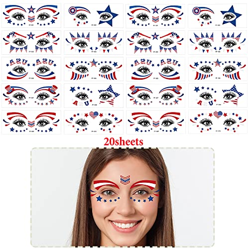 4th of July Temporary Tattoos Stickers Independence Day Face Tattoo 20 Sheets Flag Decals Eye Makeup Sticker Red Blue White USA Flag Star Stickers Patriotic Body Art Decoration Tattoo Stickers