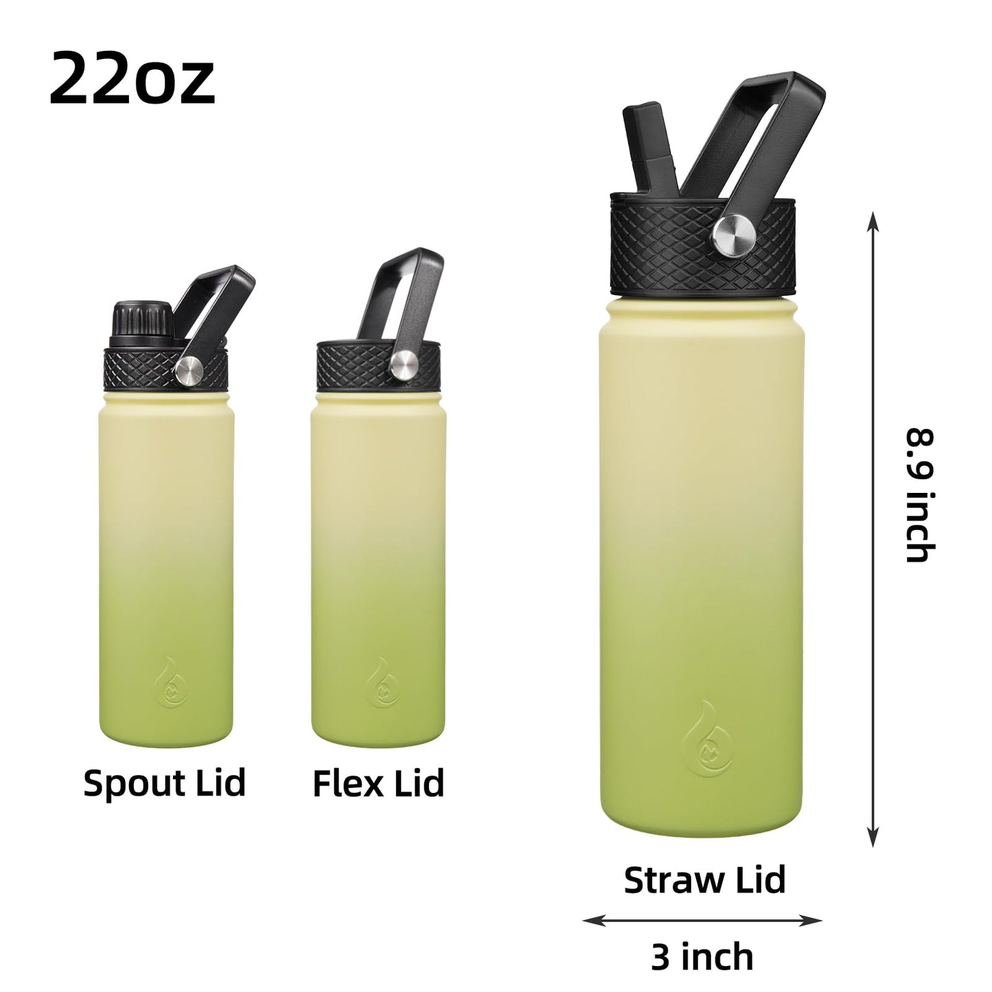 BJPKPK Insulated Water Bottles with Straw Lid, 22oz Cold & Hot Water Bottle, Stainless Steel Metal Water Bottle with 3 Lids, Reusable Thermos, Cups, Mugs for Daily Water Intake-Avocado