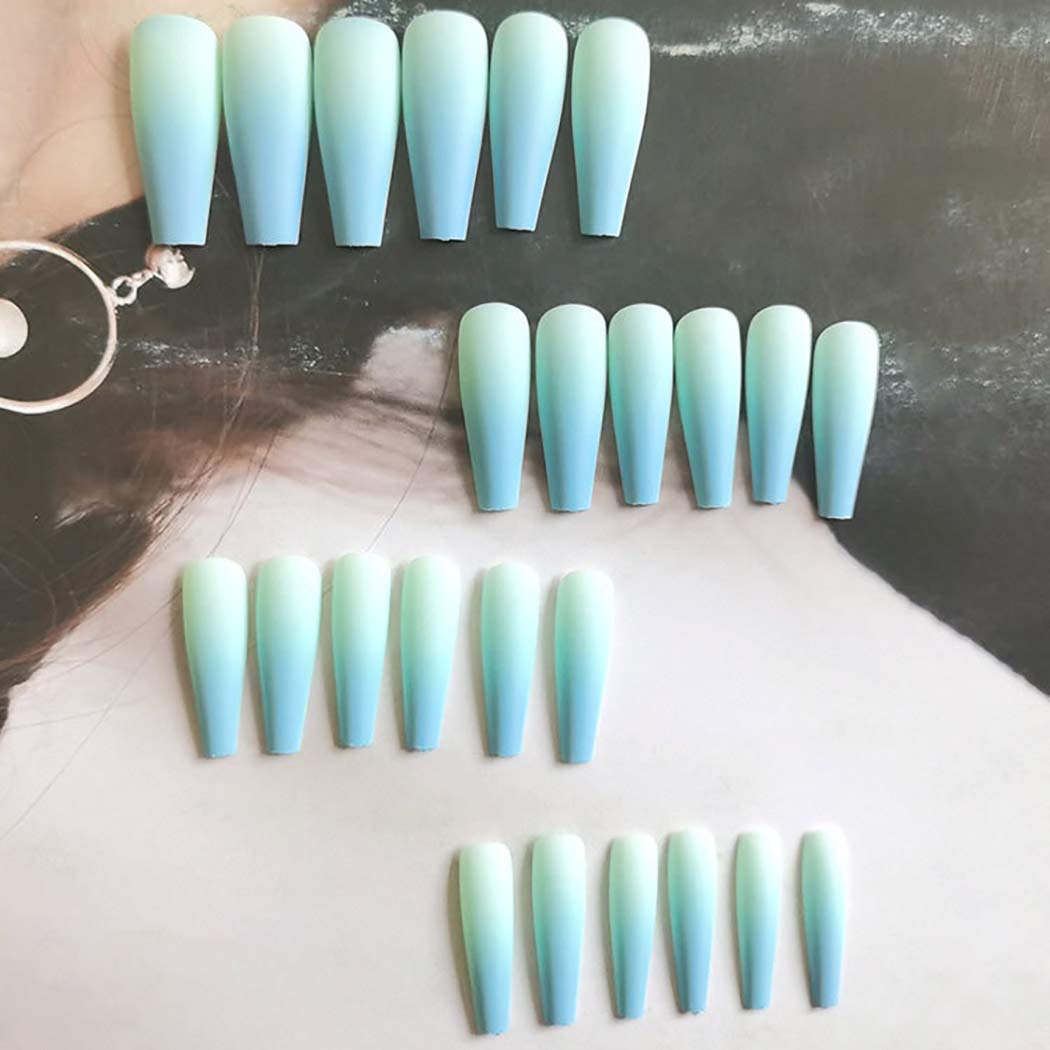 Gangel Gradient Blue Press on Nails Extra Long False Nails Coffin Matte Fake Nail Full Cover Fake Nails Ballerina Acrylic Nails for Women and Girls 24Pcs (Graduated Blue)