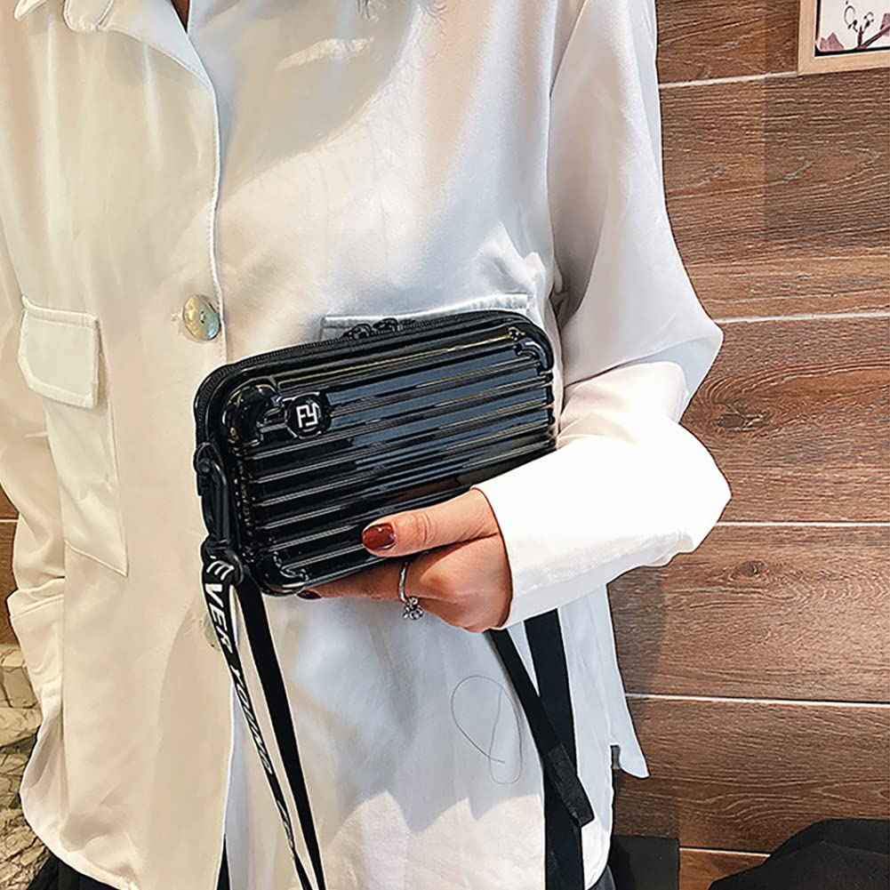 OXYPLAY PVC Hard Shell Travel Multi-Function Luggage,Women's Portable Toiletry And Makeup Bag, Alphabet Strap Storage Crossbody Bag (Black)