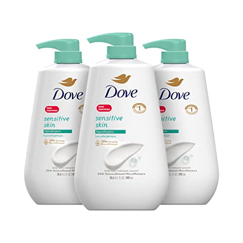 Dove Sensitive Skin Body Wash 30.6 fl oz (Pack of 3) and Advanced Care Antiperspirant Deodorant Spray with Pro-Ceramide Technology
