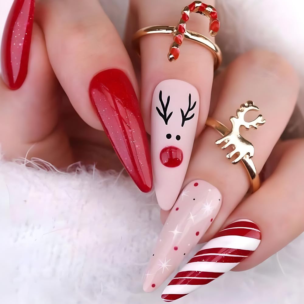 24PCS Christmas Press on Nails Long Almond Fake Nails with Pink Elk Glitter Red White Checkered Design False Nails Winter Christmas Glue on nails Red Nose Snow Stick on Nails Acrylic Nails for Women