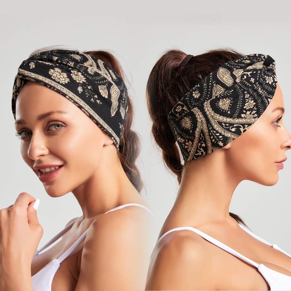 DINPREY Women's Bandana Print Head bands Wide Bandana Headwraps Twist Turban Knot Sweatbands Boho Headbands Sports Head Scarfs Yoga Hair Band (5 Pack Retro Flower)