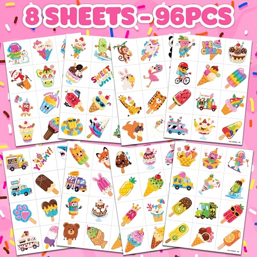 96 PCS Ice Cream Temporary Tattoos for Kids - Party Favors