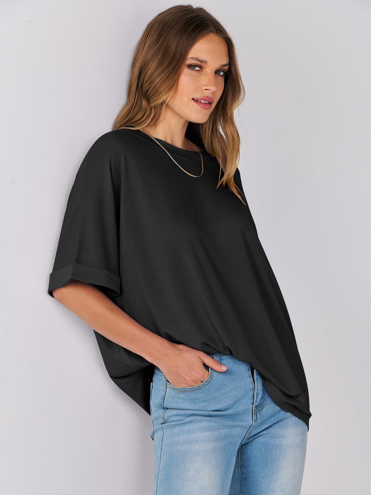 ANRABESS Women's Oversized T Shirts Short Sleeve Crewneck Summer Tops Casual Loose Basic Tee Shirts 2024 Trendy Clothes Black Small