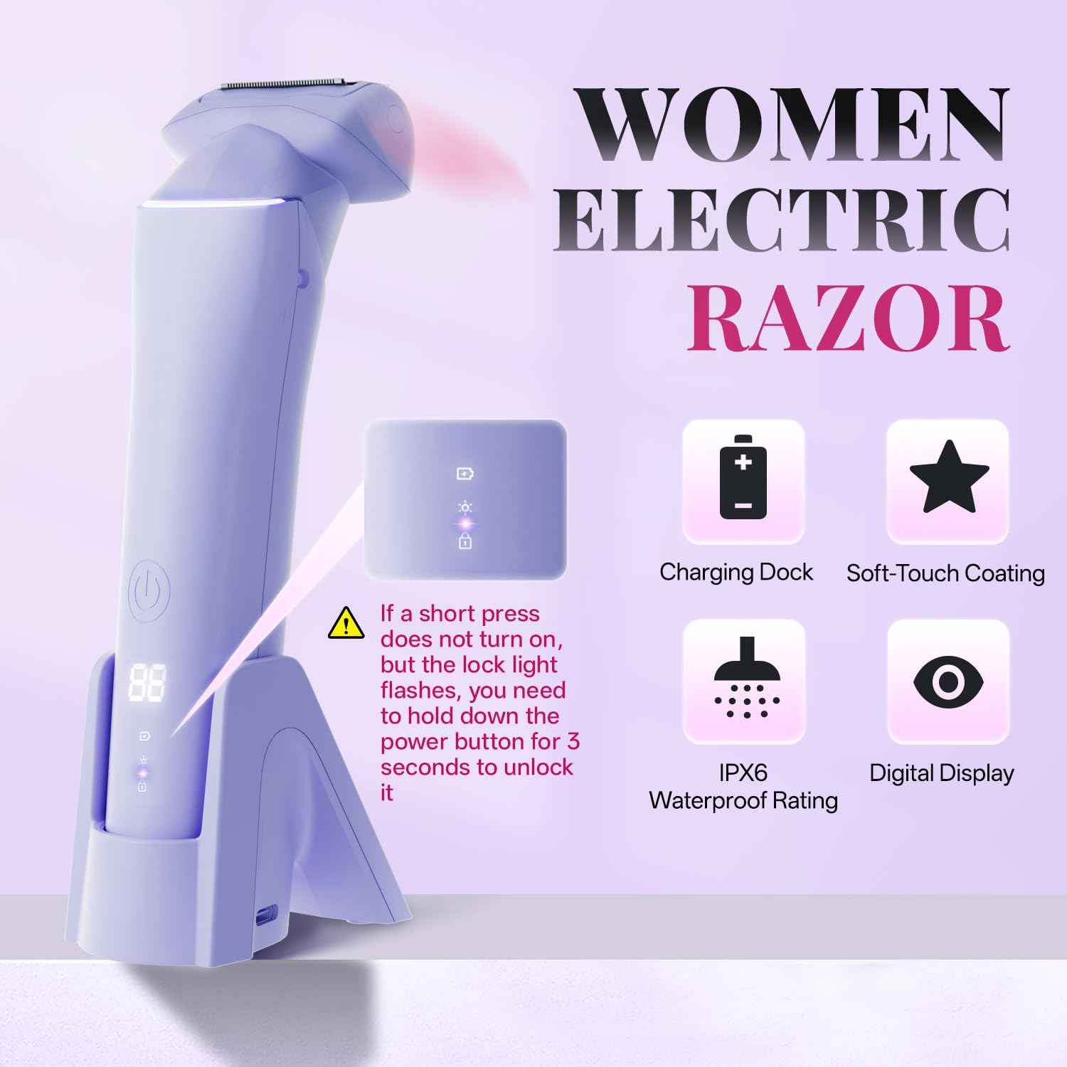 Krofaue Electric Shaver for Women,Rechargeable Bikini Trimmer for Body & Pubic Hair, Wet Dry Women Razor for Legs Underarms Bikini Line, IPX6 Waterproof, LED Display, Travel Lock, Magnetic Charging