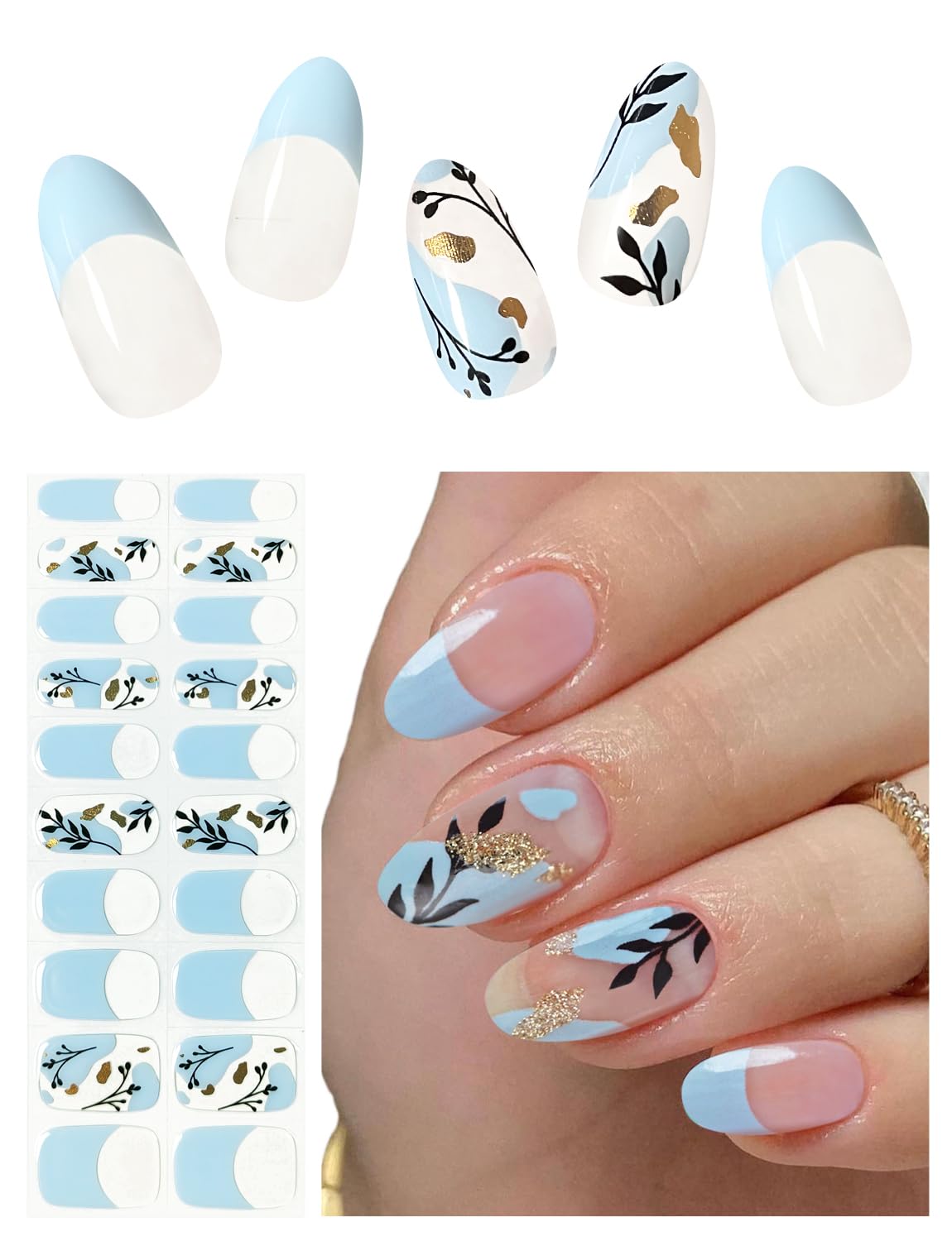 AutyaMee Semi Cured Gel Nail Strips (Blue French)-20 PCS Painted Flowers Gel Nail Stickers | UV Light Required | Gel Nail Wraps, Salon Quality & Easy to Use