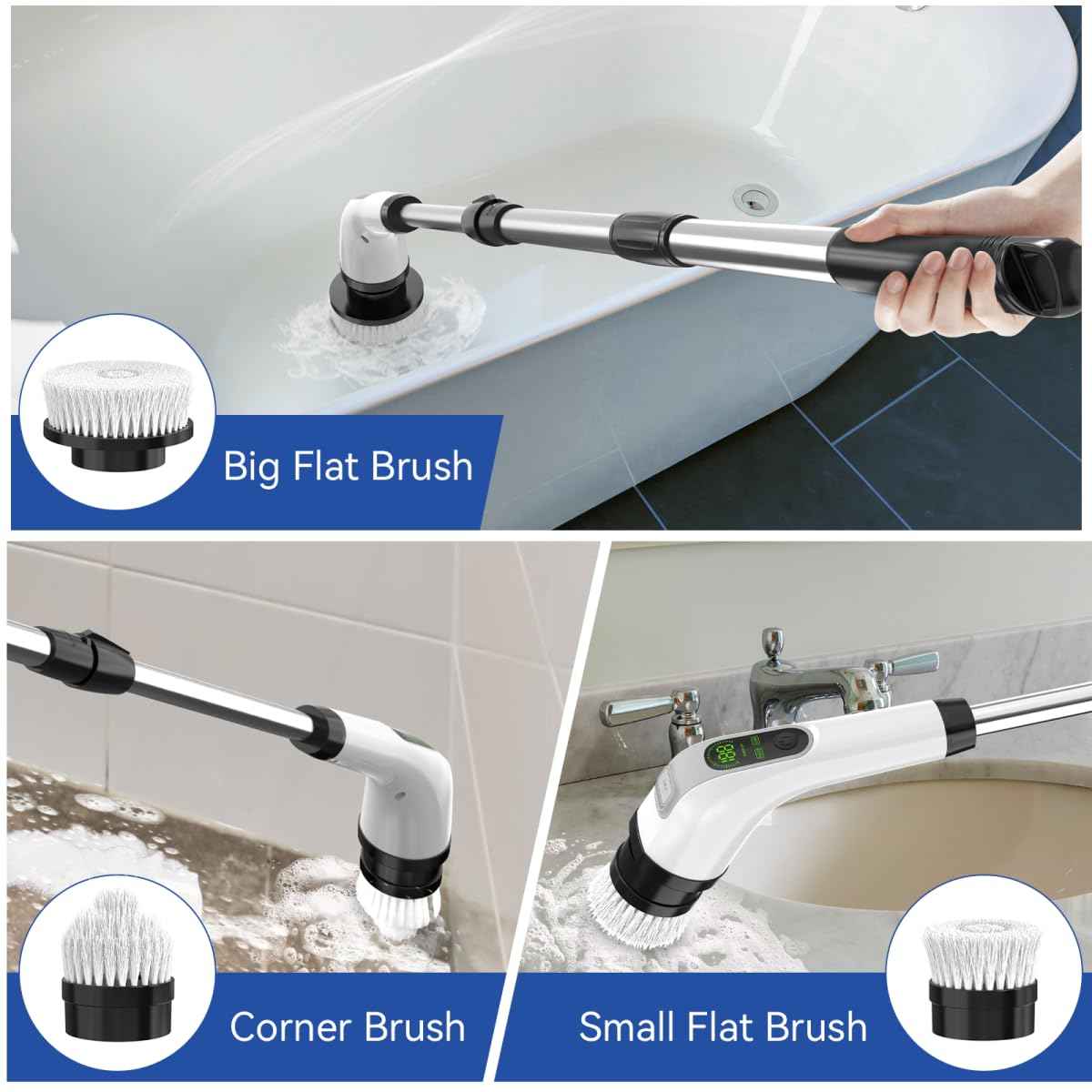 ALPONO Electric Spin Scrubber with Long Handle: Cordless Power Shower Scrubber - Spin Brush with 7 Brush Replacement Heads for Cleaning Bathroom,Tub, Tile, White, ALPONO-A11