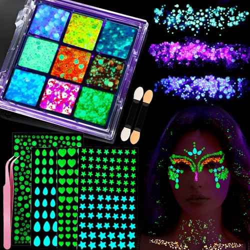 YGDZ Glow in The Dark Body Glitter, Face Glitter Gel, Mermaid Face Gems Kit, Hair Glitter Jewels for Makeup, Festival Outfits for UV Black Light Party, Rave Accessories for Women