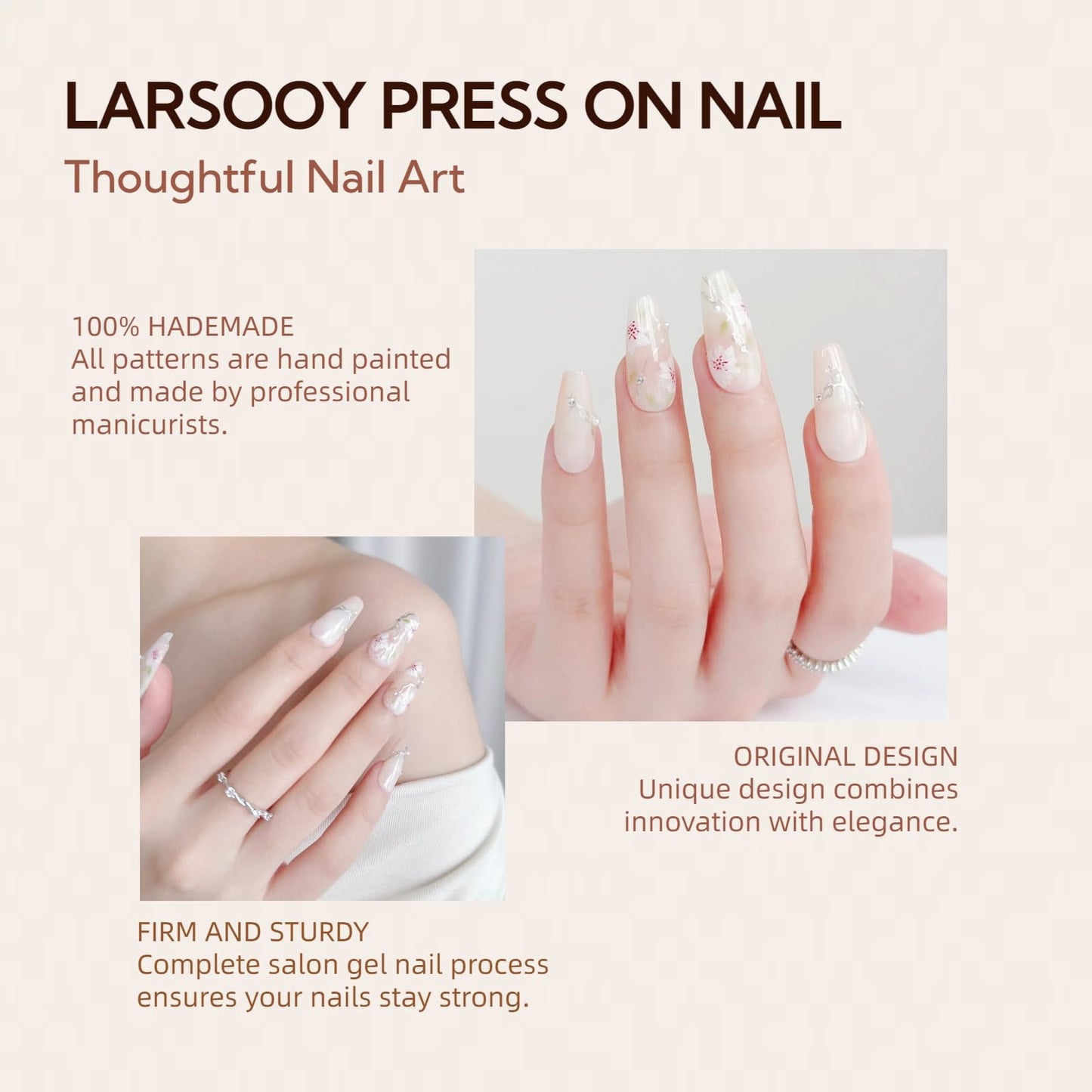 LARSOOY Nails Handmade Press on Nails Middle Long Coffin | Hand painted nails with Pink Flowers | Reusable Fake Nails with Design | False Nails 10 Pcs (Fragrance of China White, M)