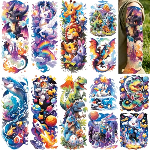 Kids Temporary Tattoo Sleeves, 12 Pc Dinosaur & Cartoon Set