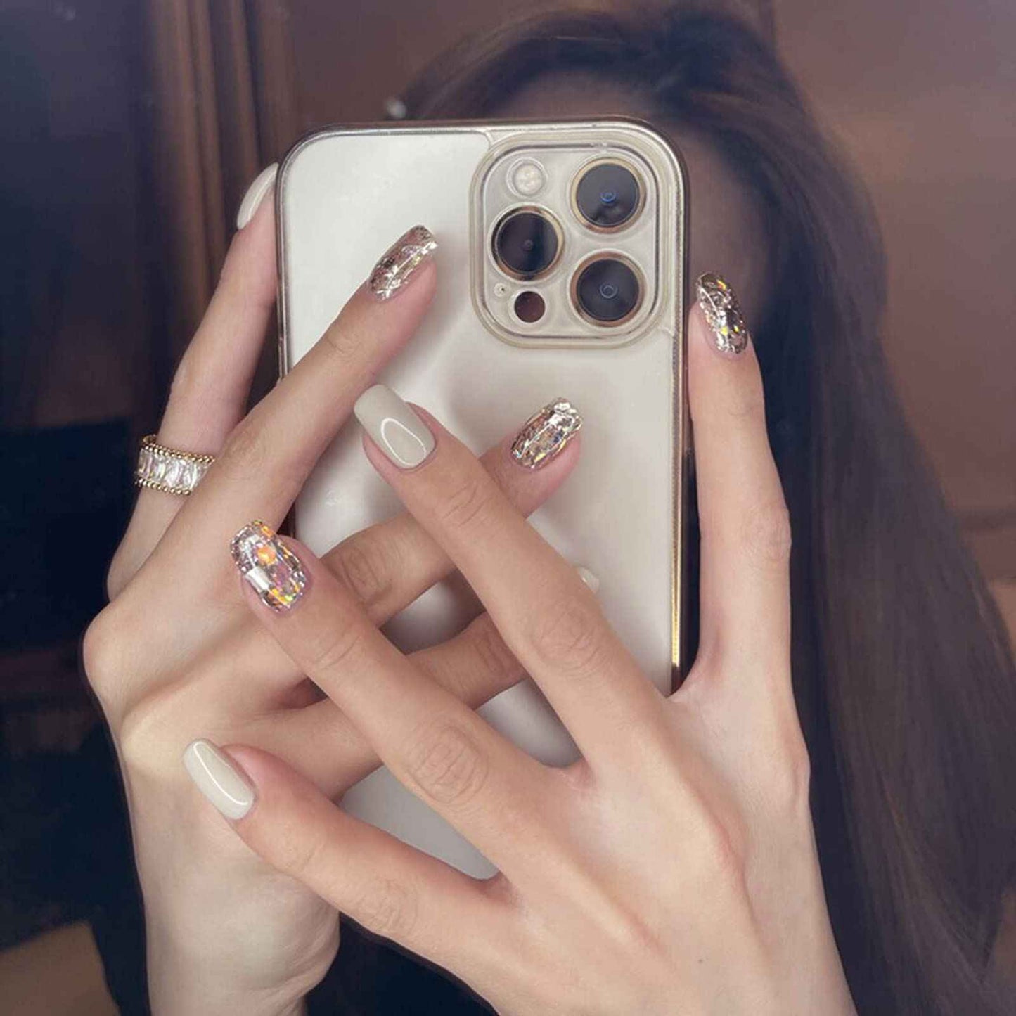 LIGHT RAIN Medium Press on Nails - Paris, Luxury Bling Reusable Seven Layers Gel UV Finish False Nails, Handmade Nail Art with Design by Licensed Manicurist, Medium Square Shape, Large Size