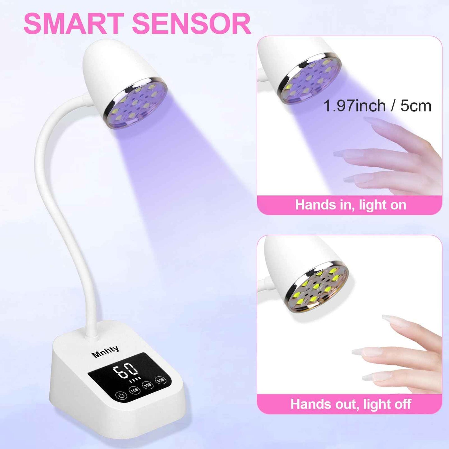 Mnhty U V LED Nail Lamp, Goose Neck Flash Cure Lamp 27W Rechargeable Mini U V Light for Gel Nails, Cordless Flash Cure Light with 3 Timers&Sensor, Fast Curing Gooseneck Lamps for Gel X, Snow White