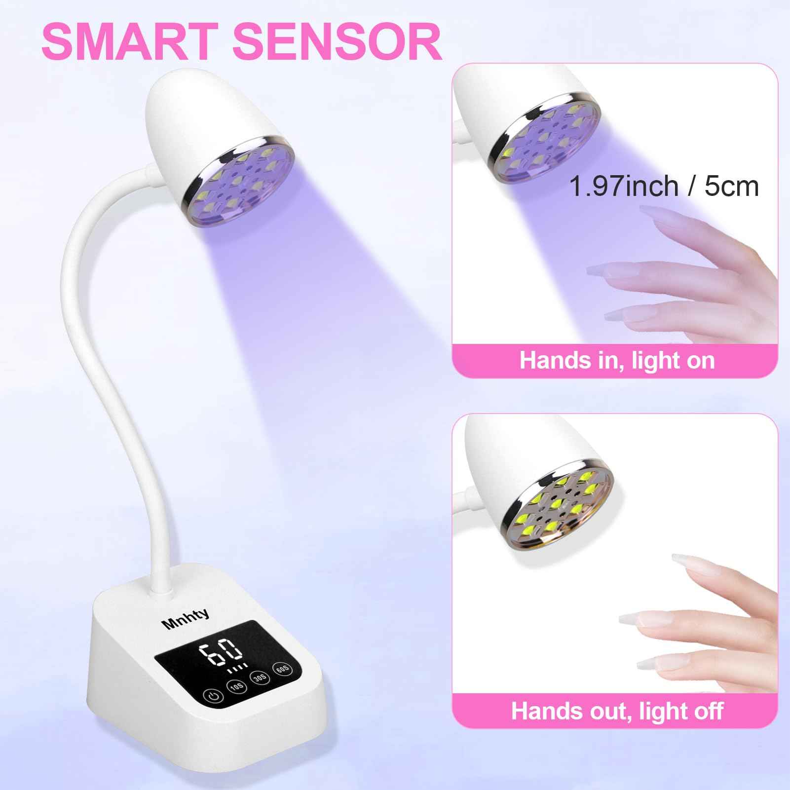 Mnhty U V LED Nail Lamp, Goose Neck Flash Cure Lamp 27W Rechargeable Mini U V Light for Gel Nails, Cordless Flash Cure Light with 3 Timers&Sensor, Fast Curing Gooseneck Lamps for Gel X, Snow White