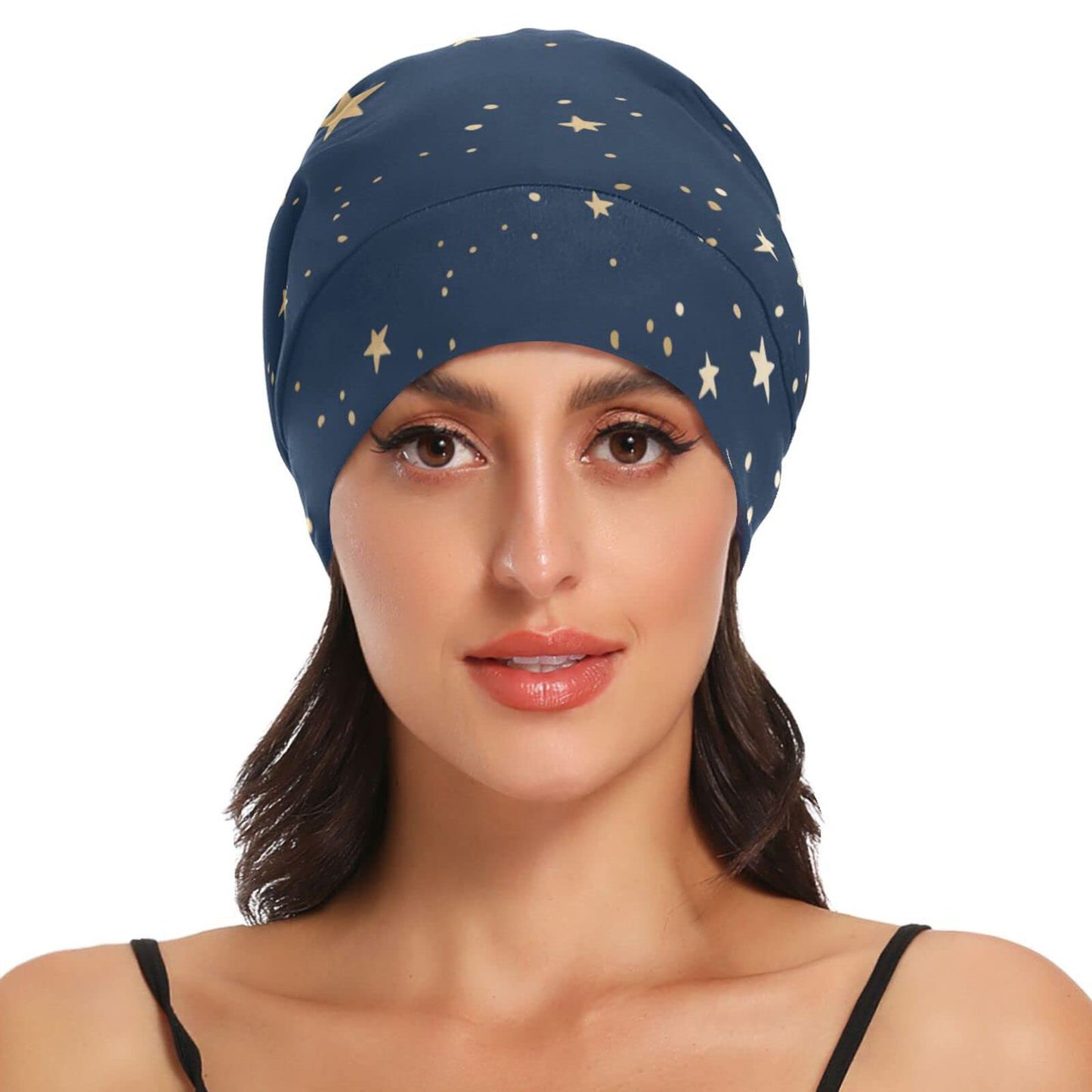 ElliTarr Satin Bonnet Lined Sleep Cap Hair Wrap Cover Slouchy Beanie for Curly Hair Protection for Gifts for Men Women Dark Blue Stars