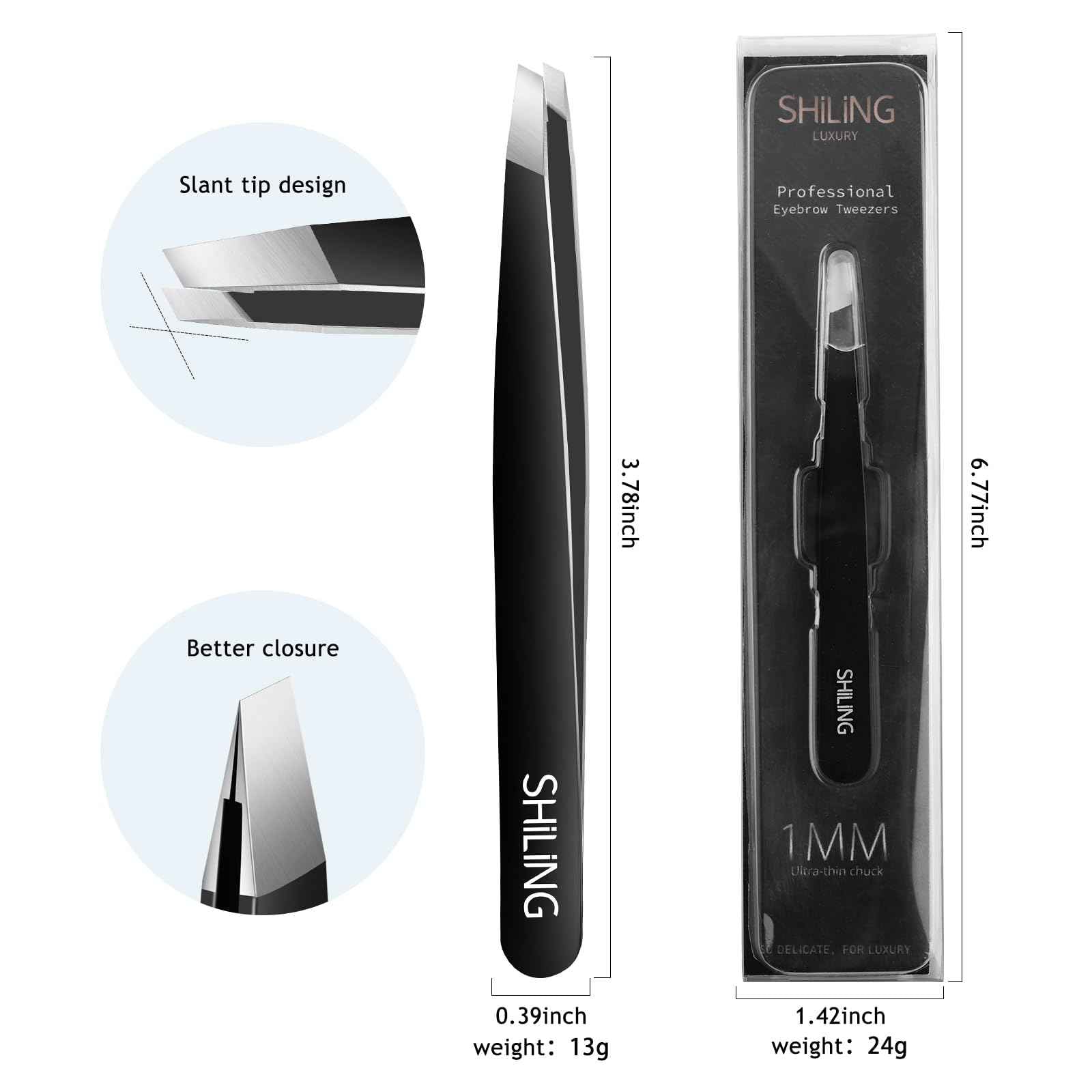 Shiling Professional Eyebrow Tweezers, Black, Stainless Steel, 1mm Ultra-Thin Tip, Anti-Rust Coating, Precision Slanted Design for Facial Hair Removal