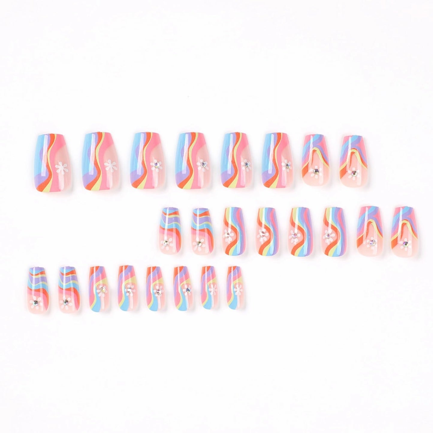 MERVF Coffin Press on Nails Medium Fake Nails Press ons Rainbow French Tip Glue on Nails Colorful Ballerina with Flower Design Glitter Summer Acrylic False Nails Glossy 24pcs