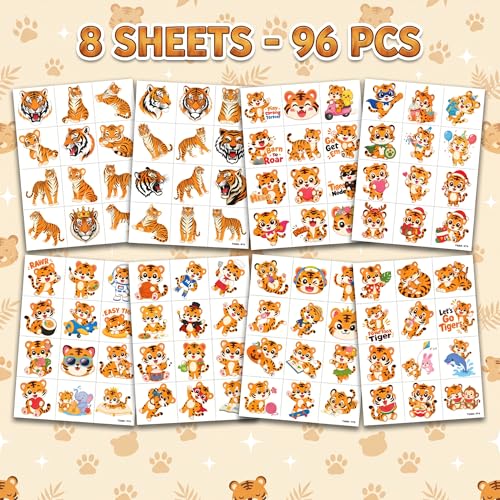 96 Tiger Temporary Tattoos for Kids | Jungle Party Favors